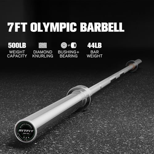 RitFit Elite 7ft Olympic Barbell, Robust 45lb Barbell for Weightlifting and Powerlifting, Superior Olympic Bar with Exceptional 500lbs Load Capacity, Weight Bar for 2” Standard Plates - color: Silver, size: 7 ft 500 lb 45 lb without Collar