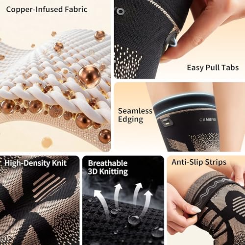 CAMBIVO 2 Pack Copper Knee Brace for Women Men, Pain Relief Knee Support, L | Copper infused for pain relief & circulation | Pull tabs easy on/off | Non-slip compression for arthritis, running, gym - size: Large