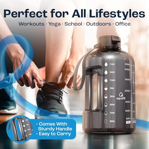 AQUAFIT 1 Gallon Water Bottle with Time Marker | BPA Free 128 oz Water Bottle with Straw and Chug Lids - Leakproof Gym Water Bottle with Carry Handle (Gray) - color: Gray, style: 128 oz - 2 Lids