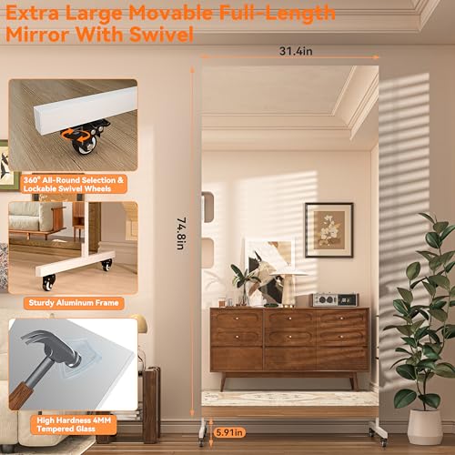 Hasipu 74.8" x 31.4" Full Length Floor Mirror on Wheels, White | Tempered glass, sturdy metal frame, smooth rolling casters, removable stand, ideal for gym, bedroom, dance studio & yoga. - color: White, size: 74.8"L x 31.4"W