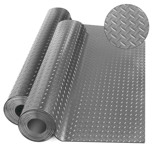 Diamond-Plate Rubber Flooring Rolls, 21FT *16IN Garage Floor Mat, 4 * 7Ft Cover Area PVC Garage Flooring Roll for Garage Floor, RV Trailer Flooring, Water/Stain Resistant Parking Mat Grey(1Pcs) - color: Grey