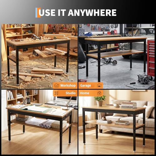 48" Work Bench with Storage Shelf, 2500 LBS Adjustable Height Workbench, 48" x 24" Work Benches for Garage, Tool Bench with Power Outlet for Workshop & Home
