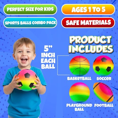 PlayBolt Sports Ball Set (4 Pack) - 5-Inch Rainbow Mini Basketball, Soccer, Football & Playground Balls w/Hand Pump - Fun Indoor Outdoor Toys for Toddlers, Little Kids, Preschoolers & Early Play - color: Rainbow, size: 5-Inch
