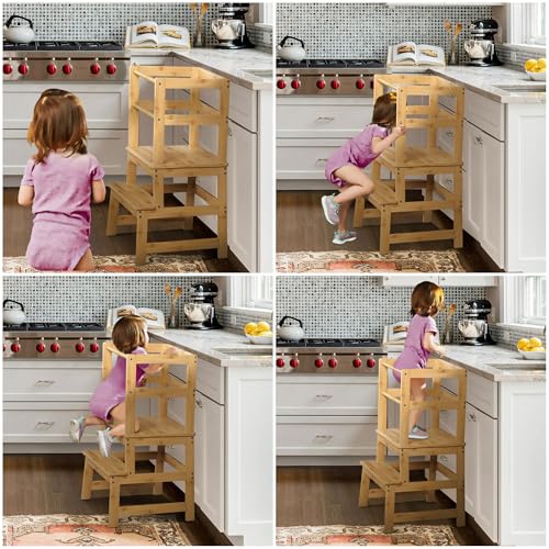 Elevon Kitchen Step Stool with Safety Rail, Multipurpose Standing Support Platform, Wooden Anti-Slip Step with Stable A-Frame Structure for Home Use, Natural - color: Bulywood