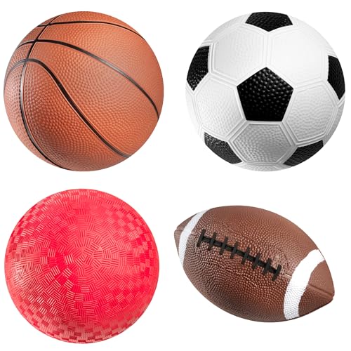 Sports Balls for Kids & Toddlers - (Pack of 4) 5-inch Sports Set Includes Football, Small Size Soccer, Basketball, and Playground Balls, Fun Indoors & Outdoor Toys (Hand Pump Included) - color: Regular, size: 5-Inch