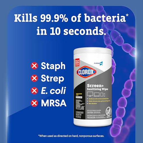 CloroxPro Clorox Screen+ Sanitizing Wipes, Disinfecting Wipes for Electronics, Gentle on Phones, Tablets, LCD Screens, Laptops and Sensitive Surfaces, Citrus Blend Scent, 1 Canister, 75 Wipes - size: 75 Count (Pack of 1)