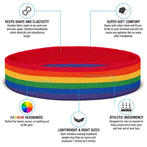 Suddora Striped Sweatband Set, Moisture Wicking 2 Wristbands and 1 Headband, Breathable Athletic Sweat Bands for Sports, Costumes & Cosplay, Matching Bands to Wear with Jersey - color: Rainbow