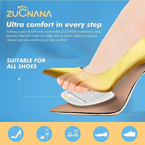 ZUCNANA Metatarsal Pads for Women - Soft Gel High Heel Insoles, 4 Pairs, Non-Slip Design, Instant Foot Pain Relief, Self-Sticking Back, Fits All Feet Sizes - color: Transparent