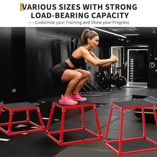 Plyometric Jump Box Set 12/18/24 Inch, Rectangle Steel Jump Plyo Box with Anti-Slip Platform for Home Gym, Strength Training & Conditioning Workouts for Men and Women, Red