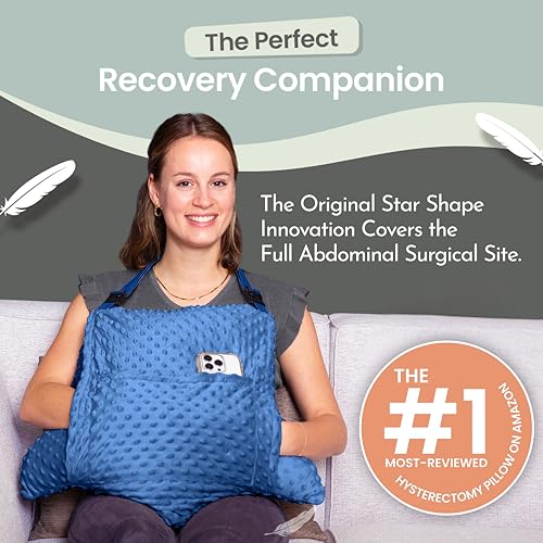 MOYOAMA Hysterectomy Pillow Post Surgery – Form-Fit Support Shield with Secure Straps, 2 Pockets, & Cozy Muff – After Hysterectomy Recovery Must-Haves, Post-Op C-Section Pillow Post Surgery Gifts - color: Denim Blue