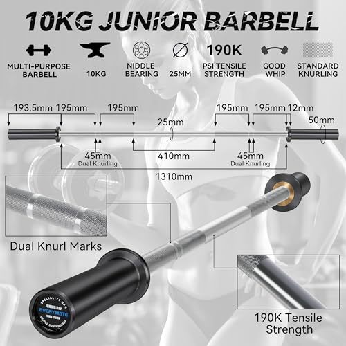 EVERYMATE 5LB Mini Barbell Bar Beginner Women Kid Barbell Total Body Workout Weighted Bar,for Strength Training, for Youth Children New Weightlifting - color: Black Sleeves Sliver Bar, size: 10KG Junior Barbell
