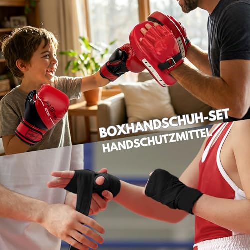 3-in-1 Boxing Gloves and Punching Mitts Set for Kids, Boxing Mitts Focus Pads with Hand Wraps for Kid, Youth Leather Punching Equipment Gloves Set for MMA, Karate, Muay Thai, Taekwondo - color: Red