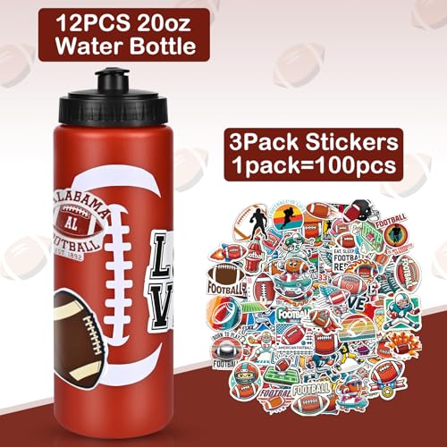 Football Party Favors, 12 Pack Football Water Bottles with 300 PCS Stickers, 20 oz Sports Squeeze Bottle, BPA-Free Reusable Water Bottles Bulk for Boys, Gifts For Team - style: 4# 12 Pack-Football