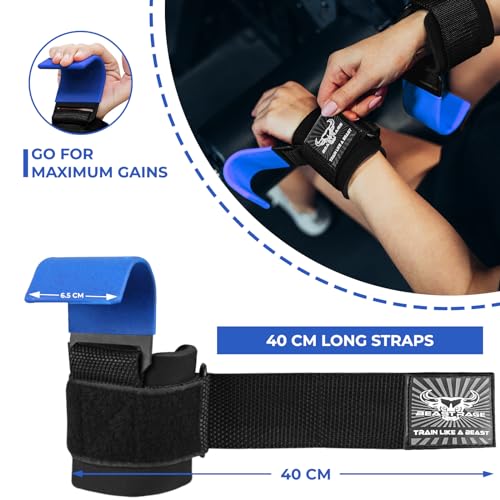 BEAST RAGE Weight Lifting Hooks (Pairs) for Men Anti Slip Durable Coated Grip Wrist Straps for Pull Ups Deadlift Strength Fitness Bodybuilding Women Hook Exercise - color: Blue