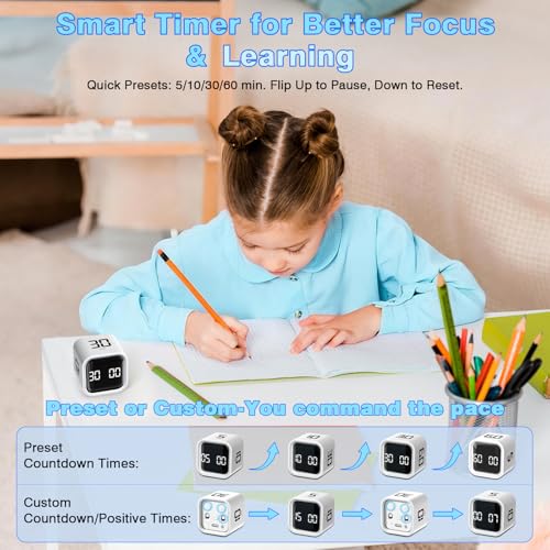 Cube Pomodoro Timer, Smart Productivity Timer 5/10/30/60 Minutes & Custom Countdown, Pause & Resume, Adjustable & Silent Visual Timer, Portable Rotation Multi Desk Timer for Study Task Work Kitchen - color: White
