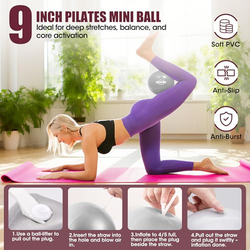 ROSAPOAR Pilates Essentials Kit for Women, Pilates Ring Set - 14" Magic Circle with Yoga Ball & Resistance Bands – Pilates Kit for Home Workouts, Toning & Core Sculpting Pilates Equipment - color: Grey