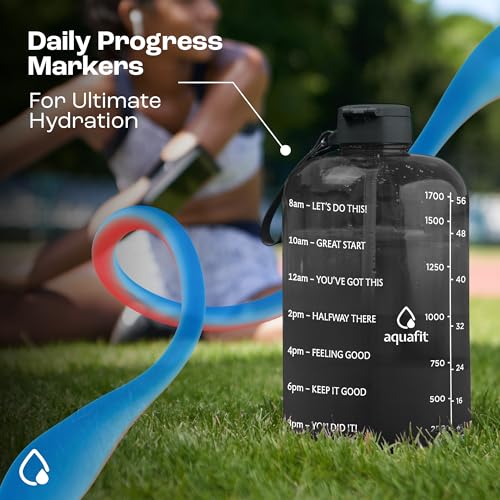 AQUAFIT Half Gallon Water Bottle with Time Marker - Straw & Chug Lid - BPA Free Gym Water Bottle with Straw - Big Gallon Jug (Clarity, 64 oz - 2 Lids) | BPA Free 64 oz Water Bottle with Straw and Chug Lids - Leakproof Gym Water Bottle with Carry Handle (C