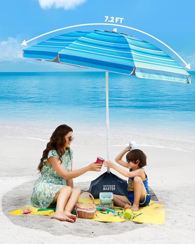 OutdoorMaster 7.2ft Beach Umbrellas for Sand with Sandbag & Anchor | 7.2ft Adjustable Umbrella for Beach, Wind Resistant, Portable UPF50+ Sunshade with Carry Bag for Patio - color: Light Blue Striped