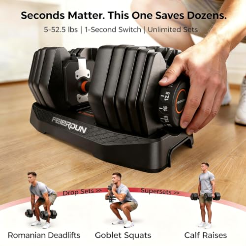 FEIERDUN DB1 QuickDial Adjustable Dumbbell Set, 15-in-1 Adjustable Weights with Storage Box & App, 105lb/52.5lb Quick Change for Drop Set, Superset & HIIT Home Gym, Non-Slip Handles, 3-year Aftersale Service