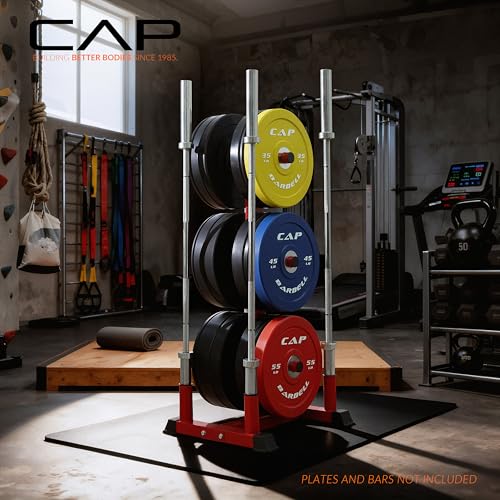 CAP Olympic Bumper Plate Tree Rack with Barbell Holders, Heavy-Duty Weight Plate Storage Rack for Home Gym, Steel Olympic Plate Organizer Stand, Multiple Color & Size Options - color: Black, size: 6-Plate Posts / 4 Bar Holders