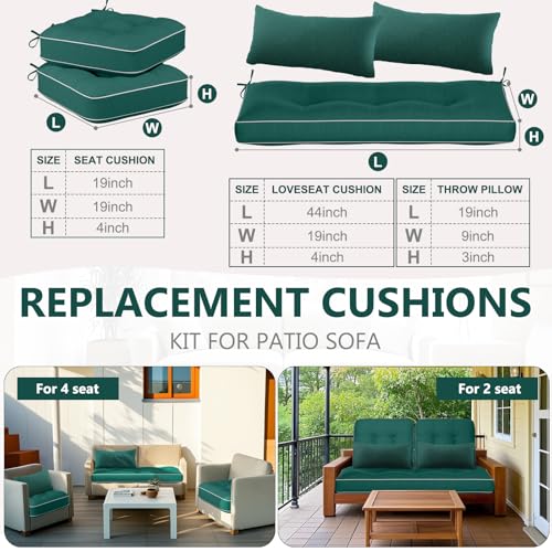 Chunful Set of 5 Outdoor Bench Cushions Set 44 x 19 Inch Tufted Waterproof Patio Furniture Seat Pad with Throw Pillows Loveseat Cushion for Square Settee Indoor Sofa Wicker Couch(Green) - color: Green