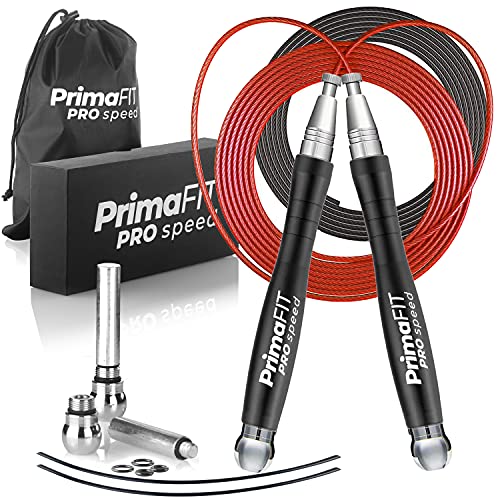 PrimaFIT Pro Speed Jump Rope for Adults, Weighted Skipping Rope for Boxing | Adjustable Jumping Rope for Fitness Workout & CrossFit Exercise, Double Unders, Handle Weights, 3m Cables 2 Protectors, Bag - color: Black
