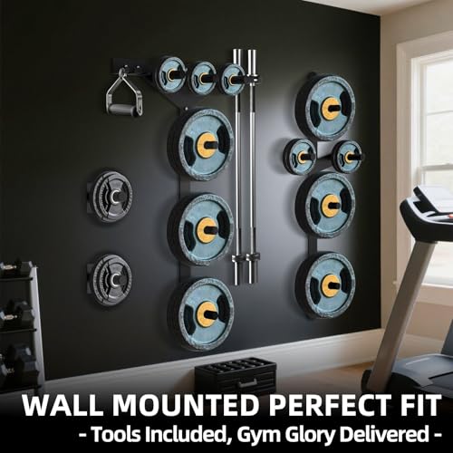 Wall Mounted Weight Plate Rack, 6 Pegs & 4 Barbell Storage Rack, 1190 LBS Capacity Weight Plate Holder, Wall Mounted Bumper Plate Storage for Home Garage Gym, Fit 2" Olympic, Rubber Protection Pads - size: Weight Plate Tree