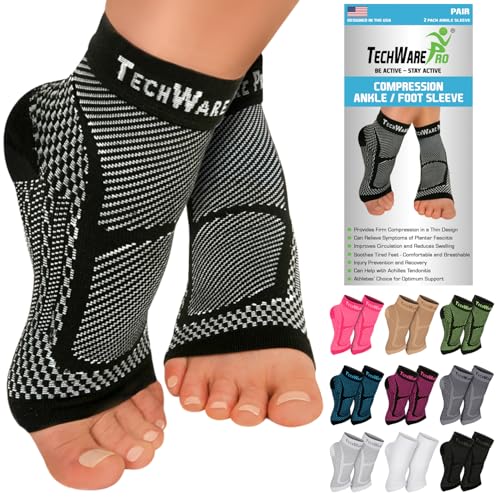 TechWare Pro Ankle Brace Compression Sleeve - Plantar Fasciitis Sock. Relieves Achilles Tendonitis. Foot Arch Support Reduces Joint Pain, Swelling & Heel Spur Pain. Injury Recovery Braces for Sports - color: Black/Gray, size: S / M (see size chart)