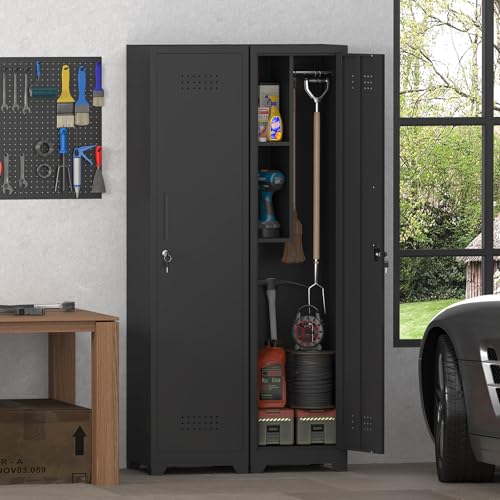 IRONFFICE Metal Utility Closet with Hanging Rod,Narrow Broom Closet with Door,Slim Laundry Storage Cabinet for Bathroo,Gym,Living Room,Black - size: 15.75"D x 15.75"W x 64.96"H-Black