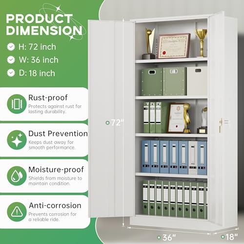 INTERGREAT Metal Storage Cabinet,72" Steel Lockable File Cabinet with Locking Doors and Adjustable Shelves,Locking Tool Cabinets for Office,Home,Garage,Gym,School (White) - color: White, size: MSC-D18