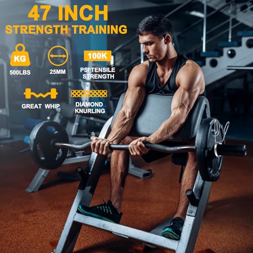 Olympic EZ Curl Bar 47-Inch - Chrome Curling Barbell for Biceps,Triceps,Arm Workouts,Compatible with 2"Olympic Plates,Includes Spring Collars,Home Gym Strength Bar(500LB Capacity)