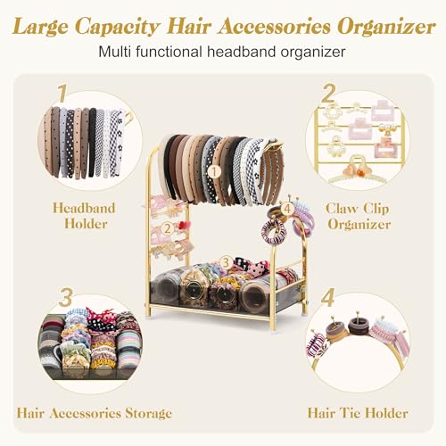 Keebofly Acrylic Hair Accessories Organizer, Versatile Headband Holder Stand for Scrunchies, Bows, Claw Clips, Hair Tie, Compact Hair Organizer Storage for Girls, Women, Babies, Amber & Gold-Plated - color: Amber Acrylic & Gold-Plated