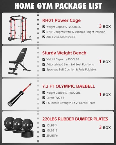 RH01 Power Cage Rack, 2000LBS Squat Rack with with Cable Crossover System&LAT Pull Down System, Multi-Function Workout Cage for Home&Garage Gym - color: Red, size: RH01 Power Cage with 220LB Weights
