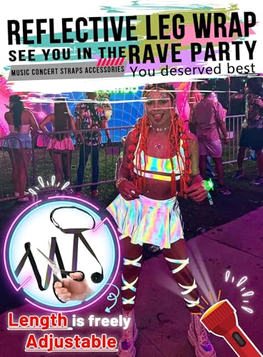 Ella Lust Reflective Rave Leg Wrap for Women - Adjustable Holographic Glow Straps Music Party Accessories EDC Concert Outfits - color: Reflective Rainbow