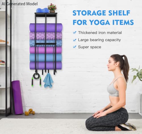 Yoga Mat Holder Yoga Mat Holder Wall Mount Home Gym Accessories Organizer,Towel Storage Rack with 4 Hooks for Hanging Foam Roller and Resistance Bands Gym Organization for Home Gym