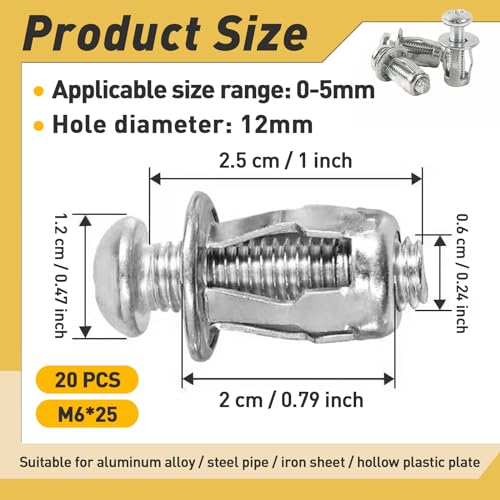 20Pcs M6 x 25 Hollow Door Anchor Set, Metal Cavity Fixing Anchors for Aluminium Cladding, Steel Pipe, Iron Sheet, Plastic Sheet (12 * 18MM) - color: M6 x 25(12*18MM)