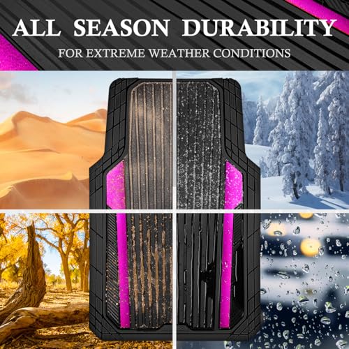 CAR PASS Heavy Duty Rubber Car Mats Metallic, Aluminum Film All Weather Floor Mats Waterproof Universal Trim to Fit for SUV Sedan Van 4 Piece Anodized Deep Dish Two-Tone Sporty Black Hot Pink Chrome - color: Black Hot Pink