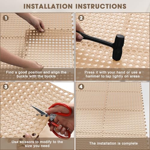 Drydiet 8 Pack Drainage Tiles Modular Interlocking Floor Tiles with 1 Pc Plastic Hammer 12" x 12" Cushion Mat Non Slip Rubber Floor mat with Holes for Pool Bathroom Deck Kitchen Patio (Beige) - color: Beige