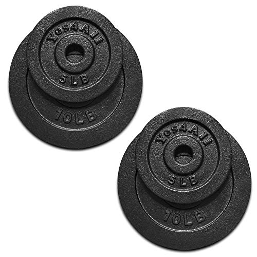 Yes4All Cast Iron Weight Plates, 1.15-Inch Standard Hole Weight Plate Set of 4 & 8, Fits Dumbbell Handles for Strength Training, Weightlifting & Home Gym Workouts - size: 30lb in Total (2x5lb + 2x10lb)