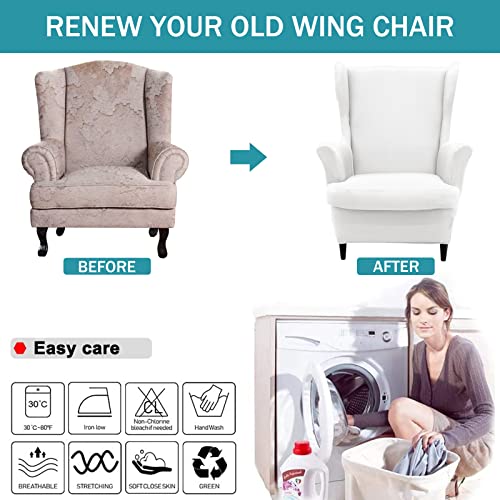 NILUOH Wingback Chair Cover 2-Piece Soft Stretch Wing Chair Slipcover Solid Color Armchair Sofa Couch Cover Furniture Protector with Elastic Bottom for Living Room Bedroom (White) - color: White