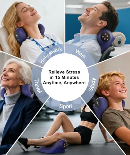 Neck Massager with Heat, Red Light & Vibration Adjustable, Heated Neck Stretcher with 3 Modes, Rechargeable Cervical Traction Device for Pain Relief & Muscle Relaxation, Gift for Women Men - color: Navy Blue