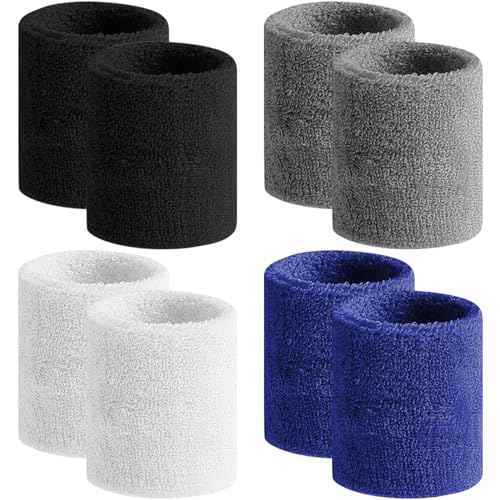 BEACE Sweatbands Sports Wristband for Men & Women -8pcs Moisture Wicking Athletic Cotton Terry Cloth Sweatband for Tennis, Basketball, Running, Gym, Working Out - color: Black/Gray/White/DPBlue