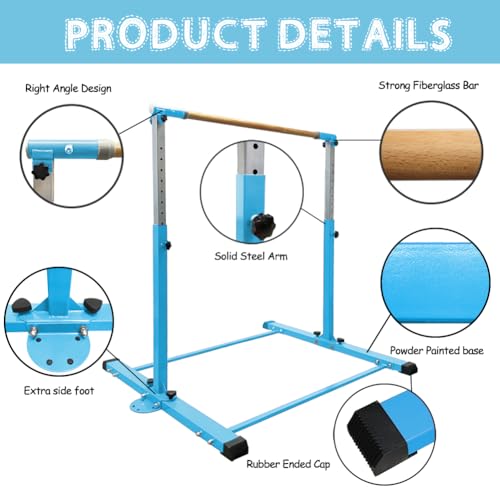 Gymnastics Bar for Kids Girls Ages 3-15 with Ring for Home Indoor Training Equipment- Steady Steel Construction, Anti-Slip, Easy to Assemble, 3' to 5' Adjustable Height - color: TEAL, size: 4.8FT, style: WITH RING