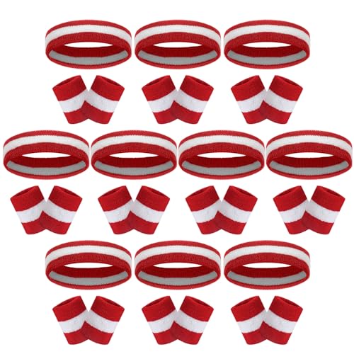 30 Pcs Sweatbands Wristbands Set Absorbent Terry Cloth Headbands Wristbands Neon Color Striped 80s Athletic Sweatbands for Sports Gym Exercise - color: Red White Stripe