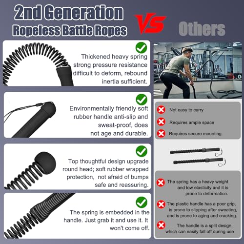 2nd Gen Ropeless Battle Ropes for Home Gym, Heavy Duty Portable Cordless Battle Ropes with Integrated Spring (No Screws), Weighted Exercise Rope for Men & Women, HIIT Workout Equipment - color: black