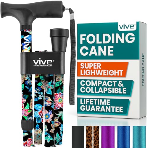 Vive Folding Cane - Foldable Walking Cane for Men, Women - Fold-up, Collapsible, Lightweight, Adjustable, Portable Hand Walking Stick - Balancing Mobility Aid - Sleek, Comfortable (Neon Flower) - color: Neon Flower
