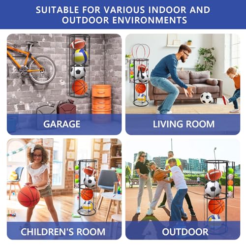Garage Ball Storage Rack, Wall Mounted with Side Ball Basket, Black | Side Small Ball Basket, Vertical Sports Equipment Organizer for Basketball, Soccer, Football, Volleyball,Garage Gym Game Room