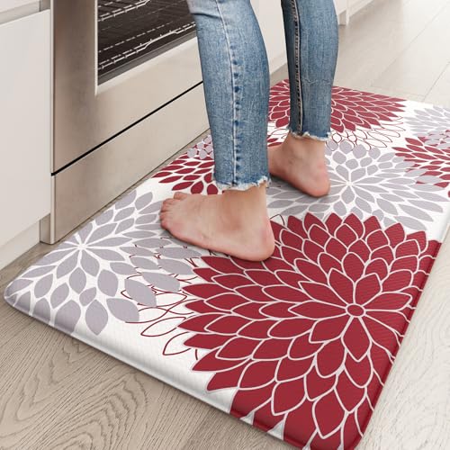 KIMODE Anti Fatigue Kitchen Mat 17.3"x29", Farmhouse Dahlia Padded Kitchen Floor Mats Non Slip, Waterproof Kitchen Mat for Floor, Comfort Standing for Laundry, Office, Sink, Desk Red and Grey - color: Red, size: 29"L x 17.3"W x 0.5"Th
