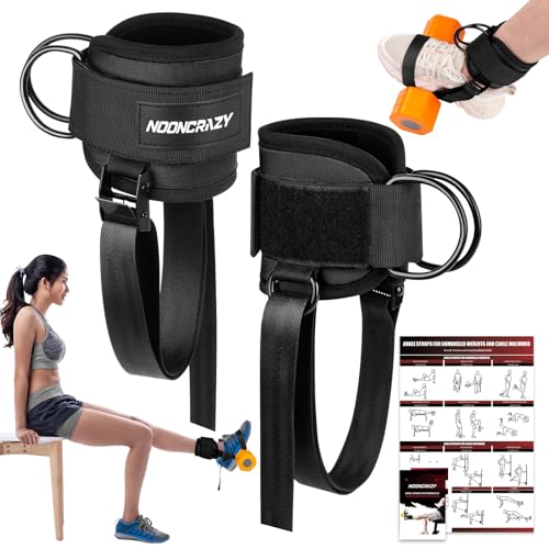 nooncrazy Ankle Straps for Dumbbell and Cable Machine, Dumbbell Foot Attachment with Longer Stronger Nylon Strap, Tibialis Trainer, Leg Extensions, Hamstring Curls for Women and Men - color: Black 2PC