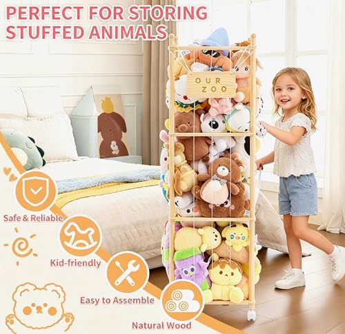 Stuffed Animal Storage & Organizer with Wheels, Wooden Stuffed Animal Zoo Storage with Elastic Band & Net, Space Save Toy Organizers, Plush Toy Holder for Kids Bedroom, Playroom and Nursery (Natural)